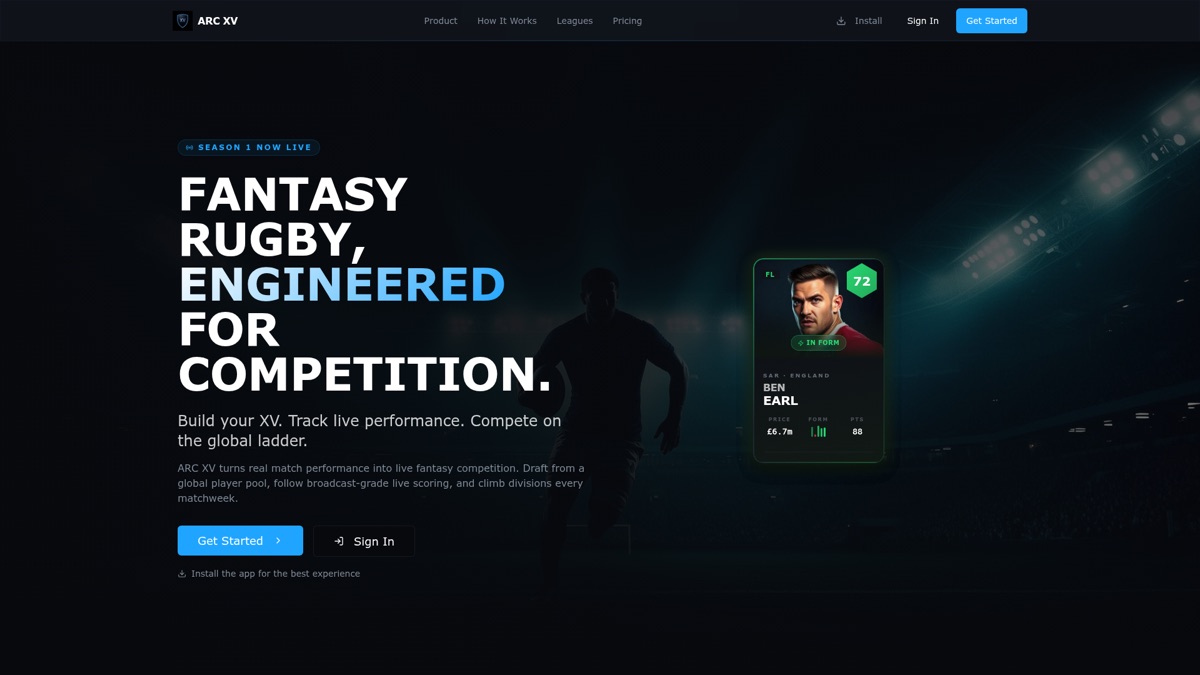 The ARC XV home page: the headline Fantasy rugby, engineered for competition, beside a player card under stadium lights.