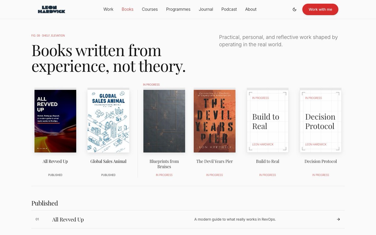 The books page: six book covers in a row under the headline Books written from experience, not theory.