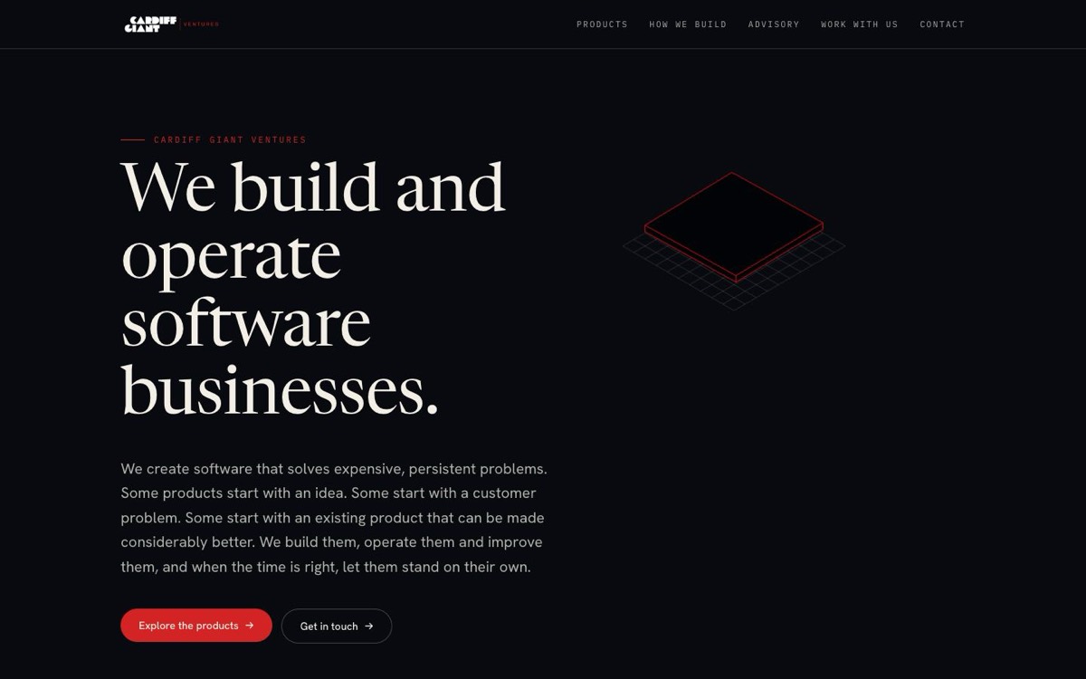 The Cardiff Giant Ventures home page: white serif type on a near-black background.