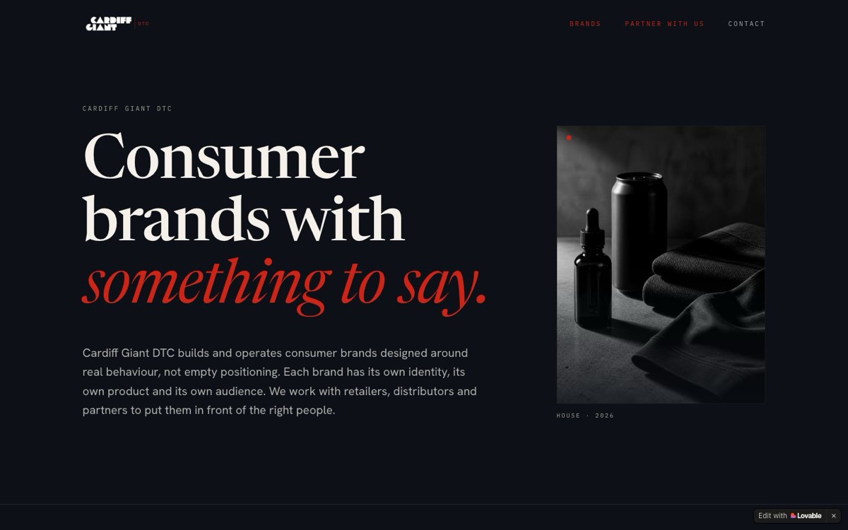 The Cardiff Giant DTC home page: the headline Consumer brands with something to say, beside a dark product photo.