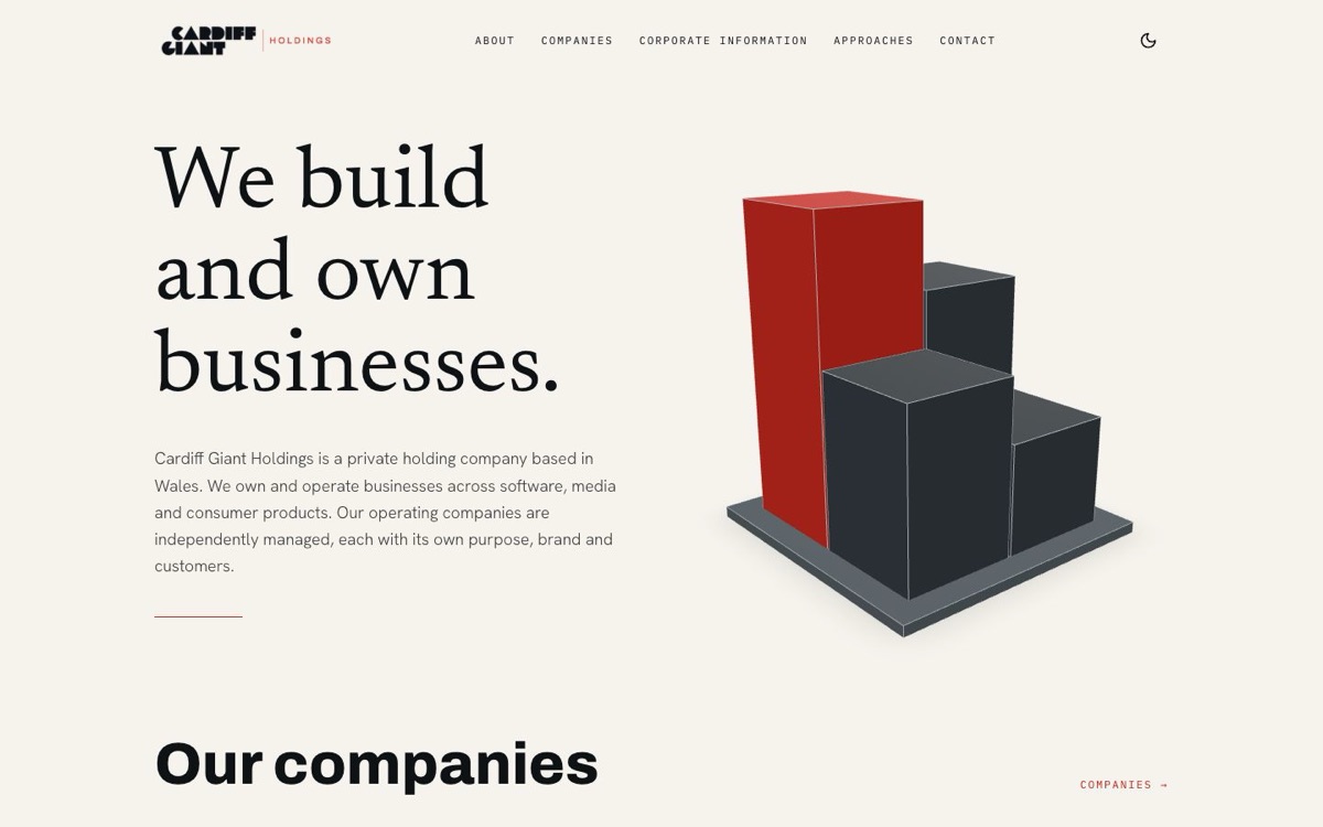 The Cardiff Giant Holdings home page: the headline We build and own businesses beside a red and grey block chart.