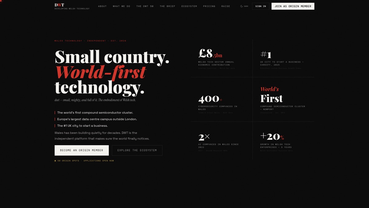 The DWT home page: the headline Small country. World-first technology. in white and red serif type on black.