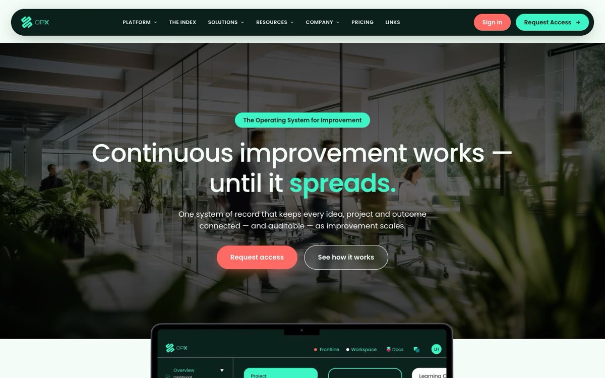 The OpX home page: a green and coral brand over an office photo, with the headline about continuous improvement.