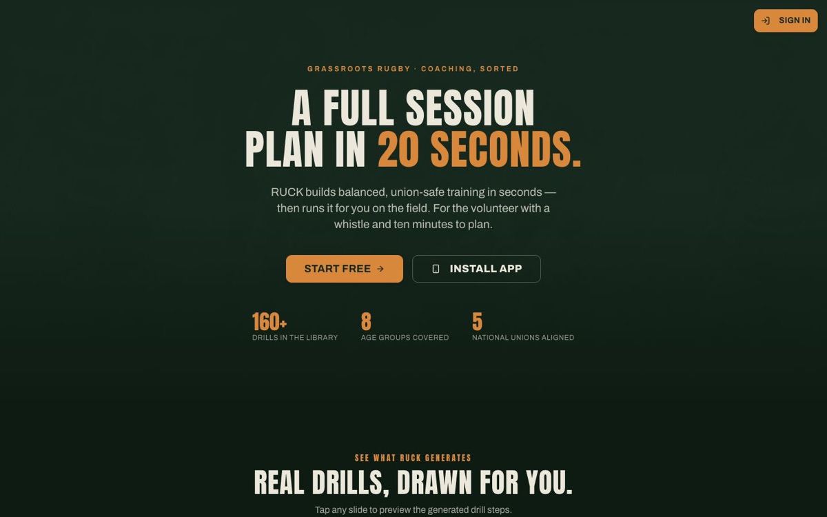 The RUCK home page: bold orange and white type on dark green, headed A full session plan in 20 seconds.