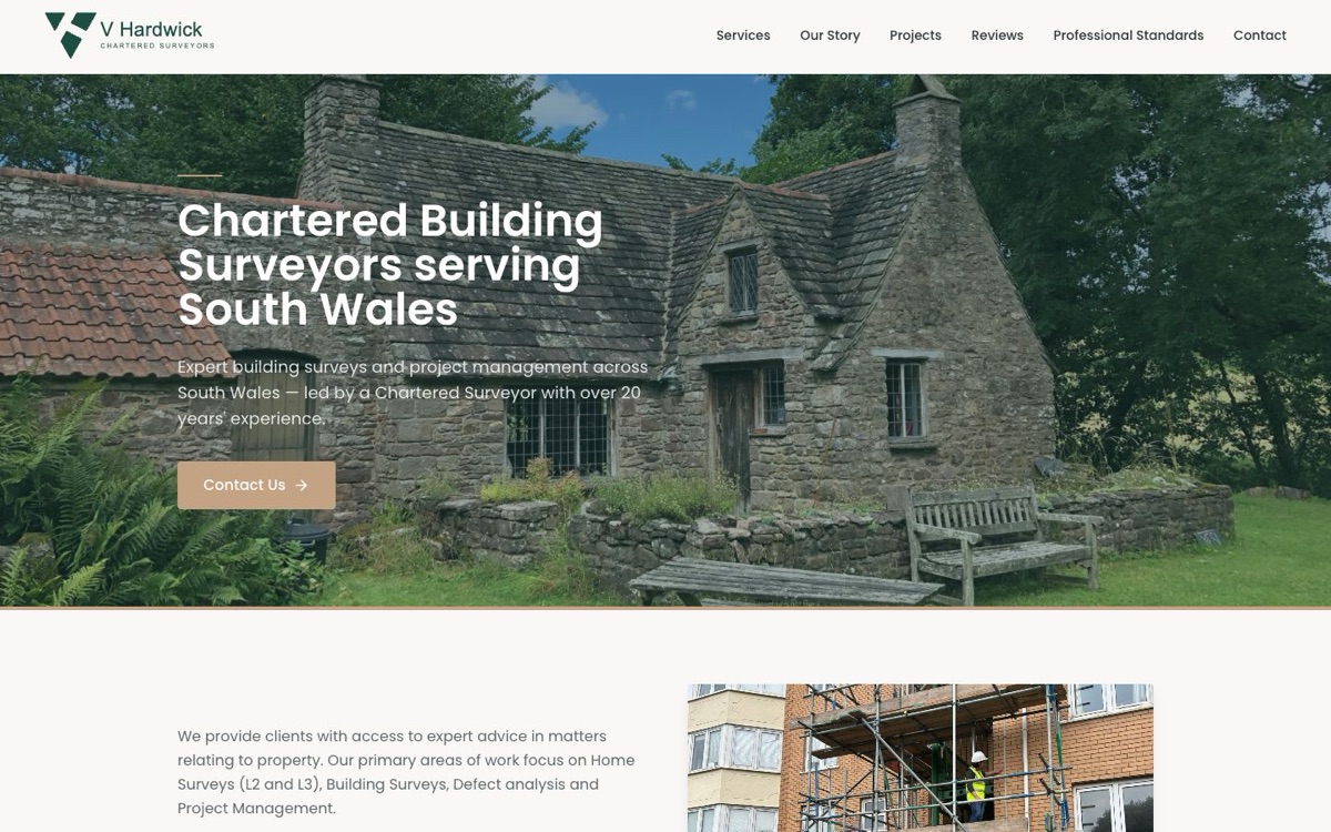 The V Hardwick home page: a stone cottage photo under the headline Chartered Building Surveyors serving South Wales.